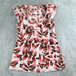 Banana Republic Top Womens Small Pink Red Leaf Print Ruffle Flutter Sleeve Work